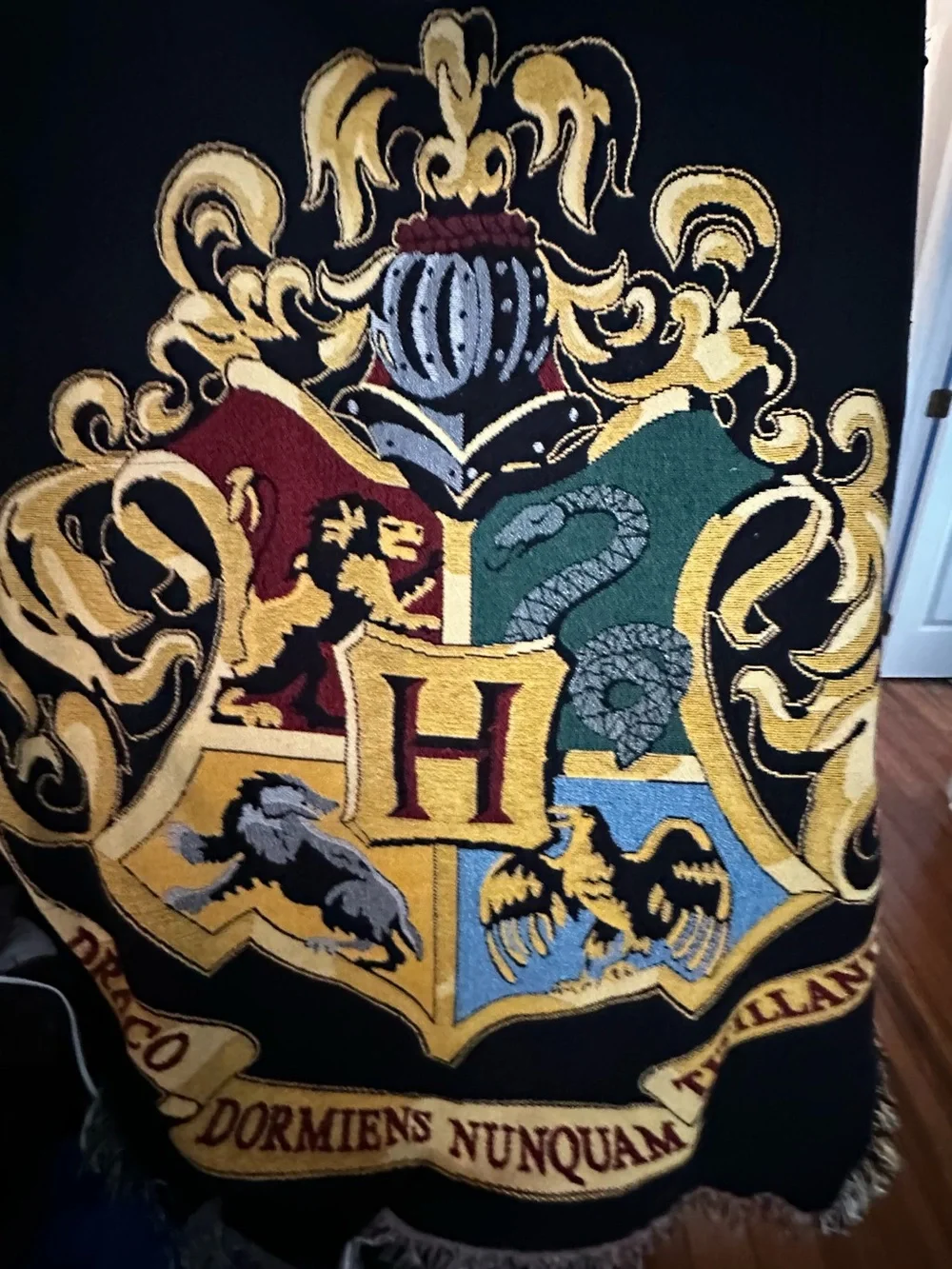 Embroidered Hogwarts Crest Blanket- Black, Gold, Red, Green, Blue